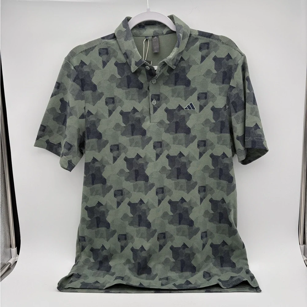 NWT Mens Adidas Golf GoTo Print Shirt Silver Green Collegiate Navy Golf Polo